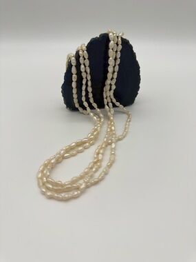 Multi Strand Freshwater Pearl Necklace Baroque Rice Ivory 23” Vintage